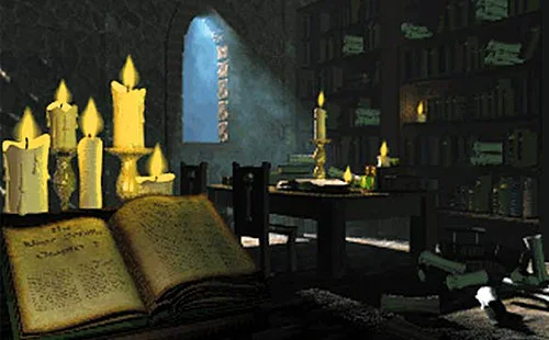 An open book and candles in a stone library from the original Daggerfall Steam gallery
