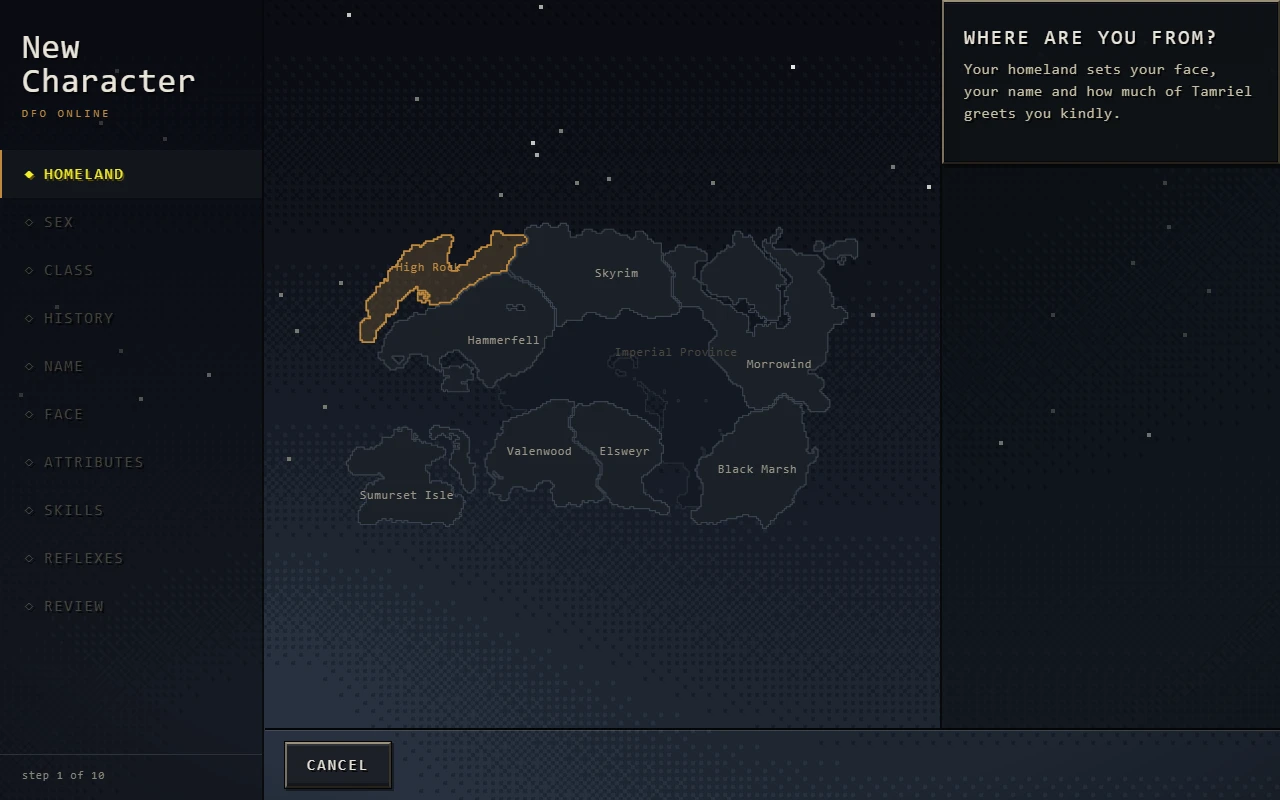 Daggerfall Online New Character screen showing the homeland map and ten character-creation steps