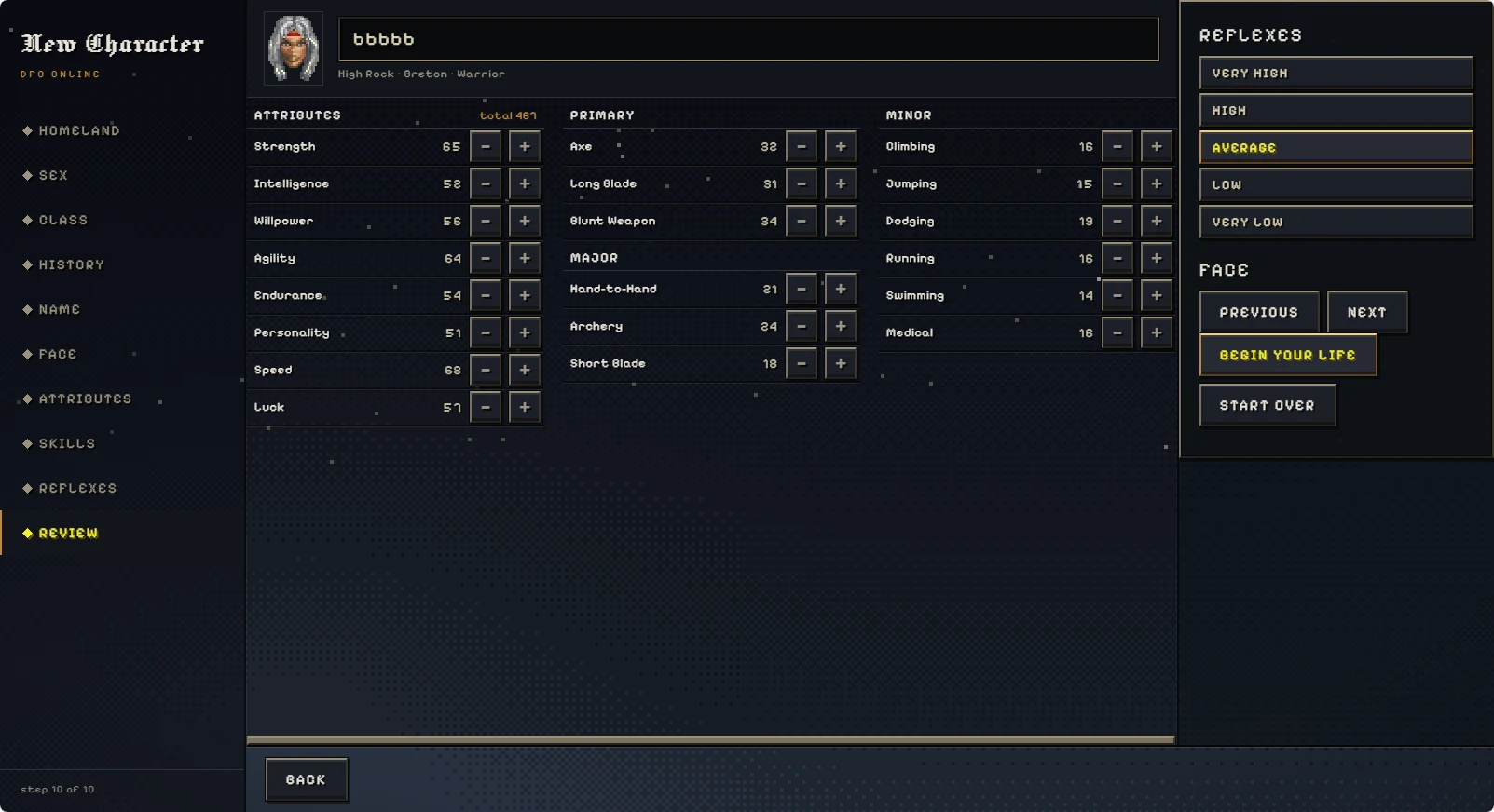 Daggerfall Online character Review screen with the Begin your life button on the right