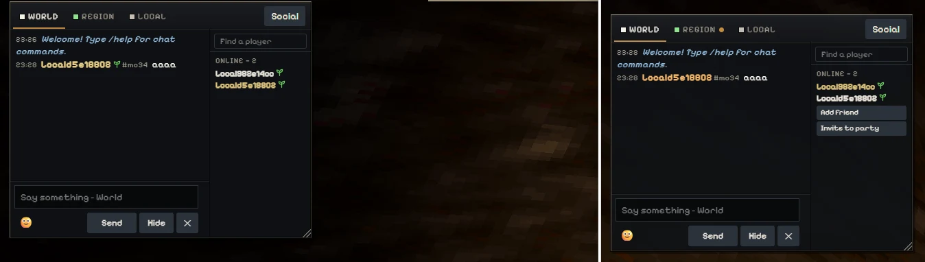 Two Daggerfall Online clients showing the same World chat message and an online list of two players