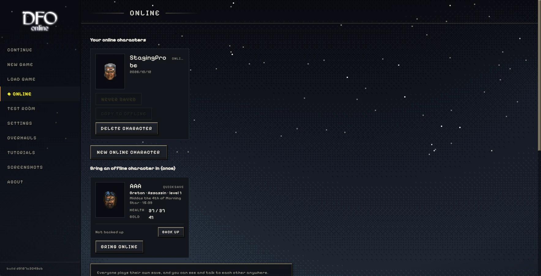 DFO Online main menu with Online selected and the New online character button below the character list