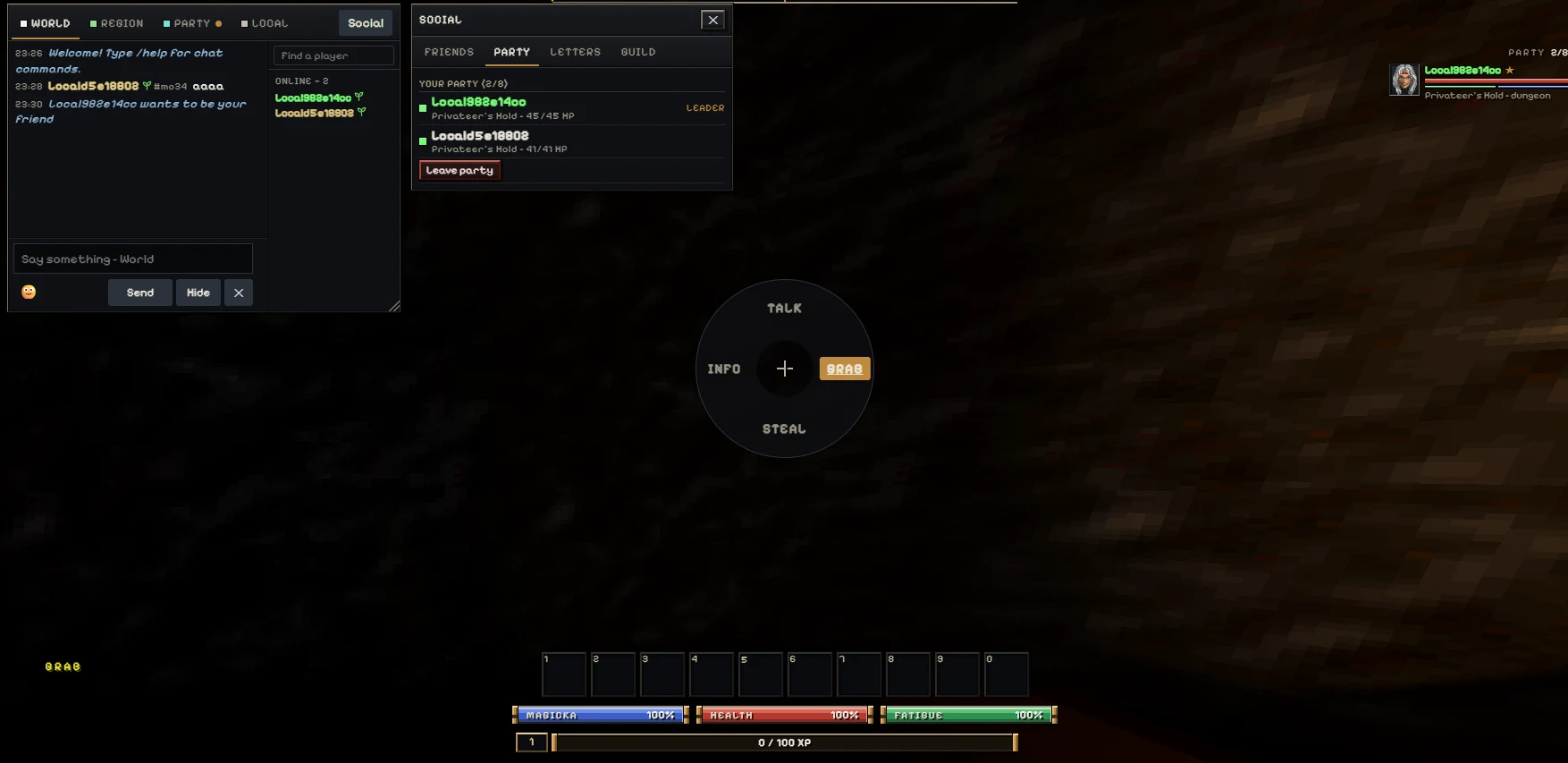 Daggerfall Online Social Party panel showing two members, their health and the party leader