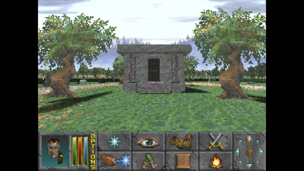 Trees and a stone building in a Daggerfall Unity courtyard, with the classic game interface